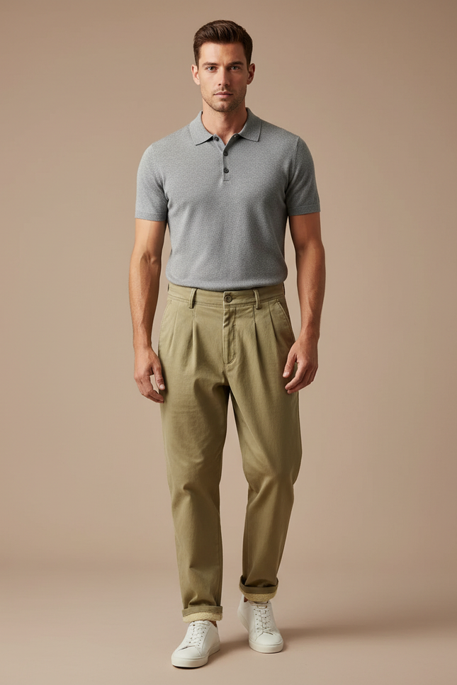Pantalon À Pince Kaki Ample Plissé Décontracté Homme - Gabardine