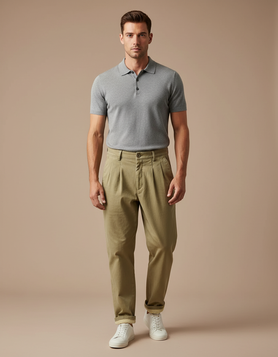 Pantalon À Pince Kaki Ample Plissé Décontracté Homme - Gabardine
