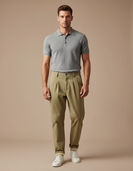 Pantalon À Pince Kaki Ample Plissé Décontracté Homme - Gabardine