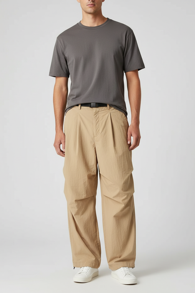 Pantalon À Pince Beige Ample Plissé Nylon Décontracté - Polyester