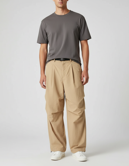 Pantalon À Pince Beige Ample Plissé Nylon Décontracté - Polyester