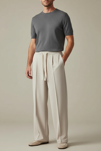 Pantalon À Pince Crème Ample Décontracté Homme - Beige Polyester