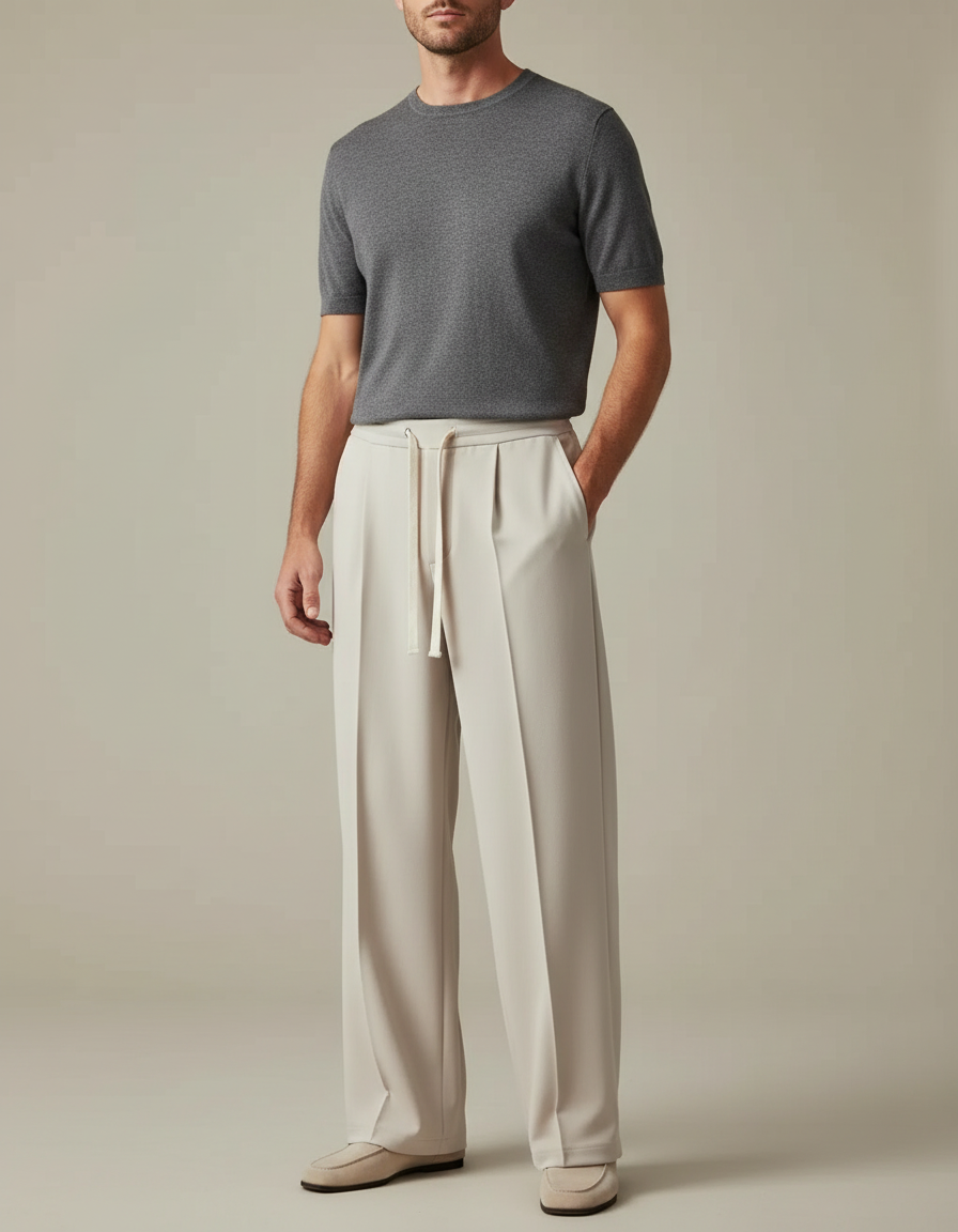 Pantalon À Pince Crème Ample Décontracté Homme - Beige Polyester