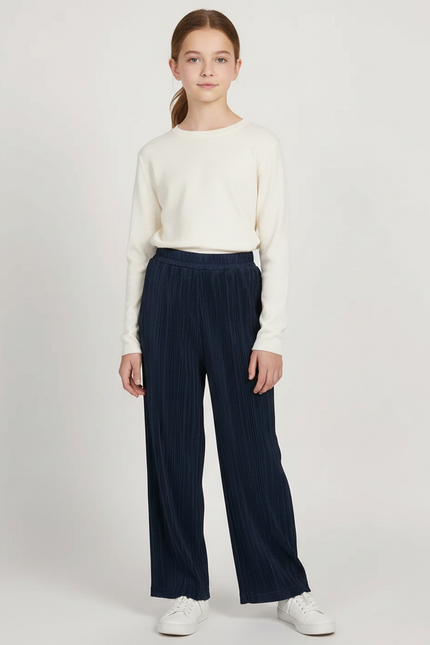 Pantalon À Pince Bleu Marine Ample Plissé Décontracté Enfant - Maille