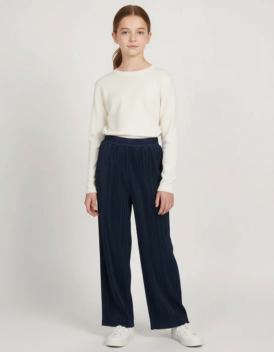 Pantalon À Pince Bleu Marine Ample Plissé Décontracté Enfant - Maille