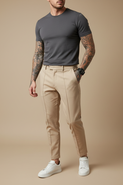 Pantalon À Pince Beige Clair Ajusté Élégant Homme - Gabardine