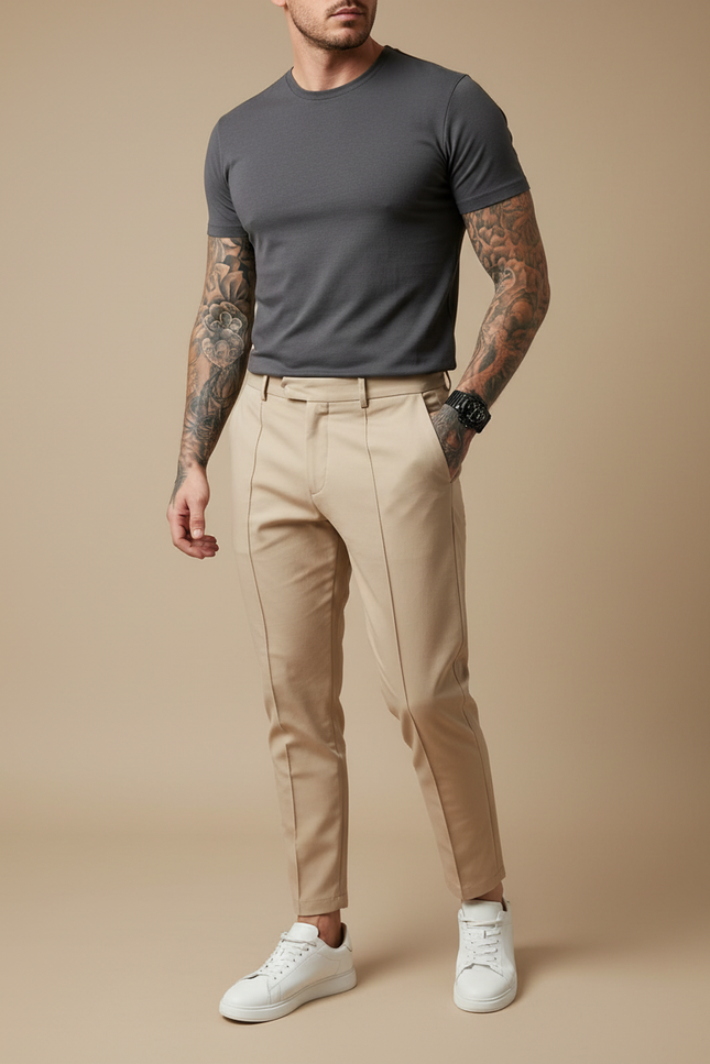 Pantalon À Pince Beige Clair Ajusté Élégant Homme - Gabardine