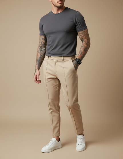 Pantalon À Pince Beige Clair Ajusté Élégant Homme - Gabardine