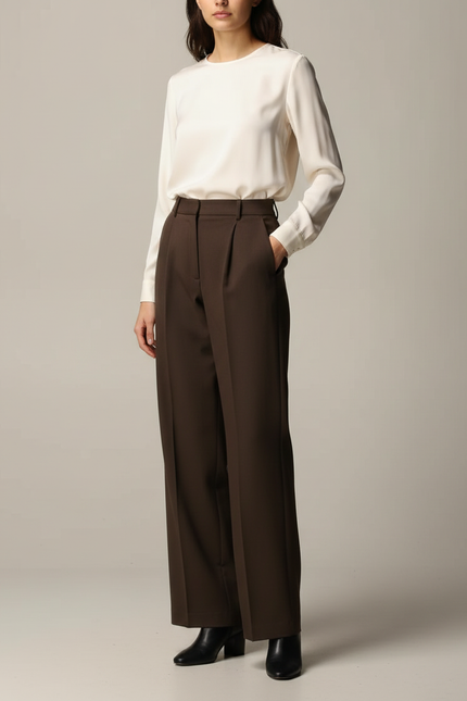 Pantalon À Pince Marron Large Fluide Élégant - Polyester