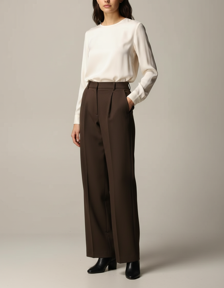 Pantalon À Pince Marron Large Fluide Élégant - Polyester
