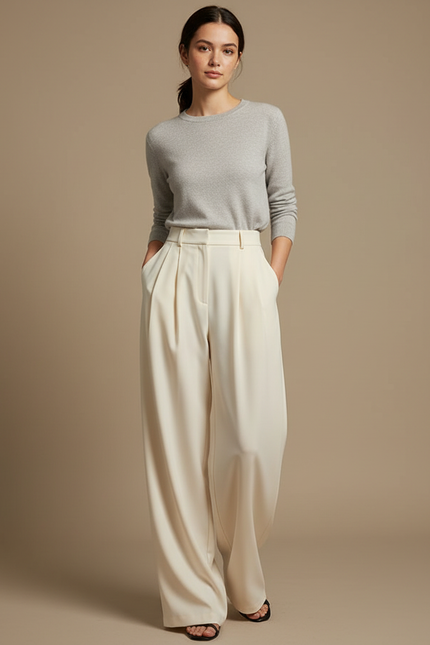 Pantalon À Pince Crème Ample Fluide Taille Haute - Beige Polyester