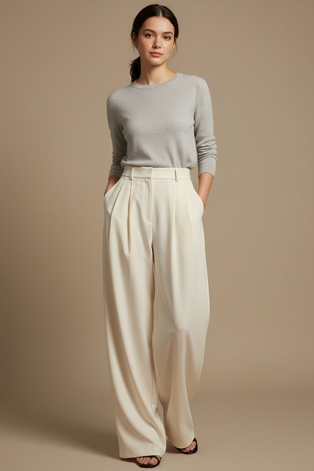 Pantalon À Pince Crème Ample Fluide Taille Haute - Beige Polyester