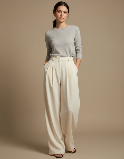 Pantalon À Pince Crème Ample Fluide Taille Haute - Beige Polyester
