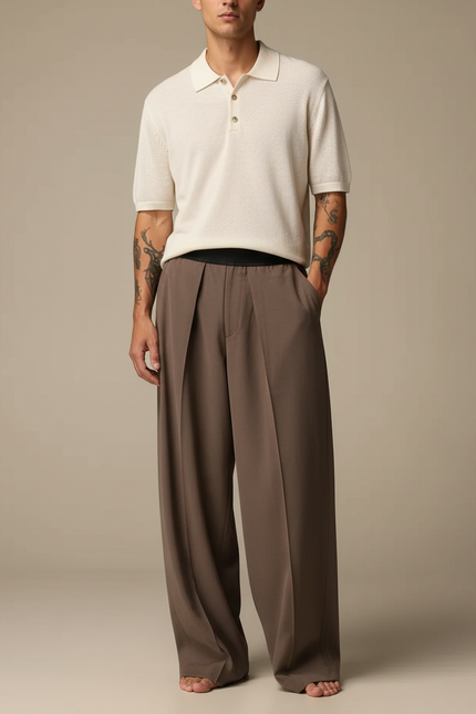 Pantalon À Pince Marron Ample Plissé Homme Élégant - Gabardine