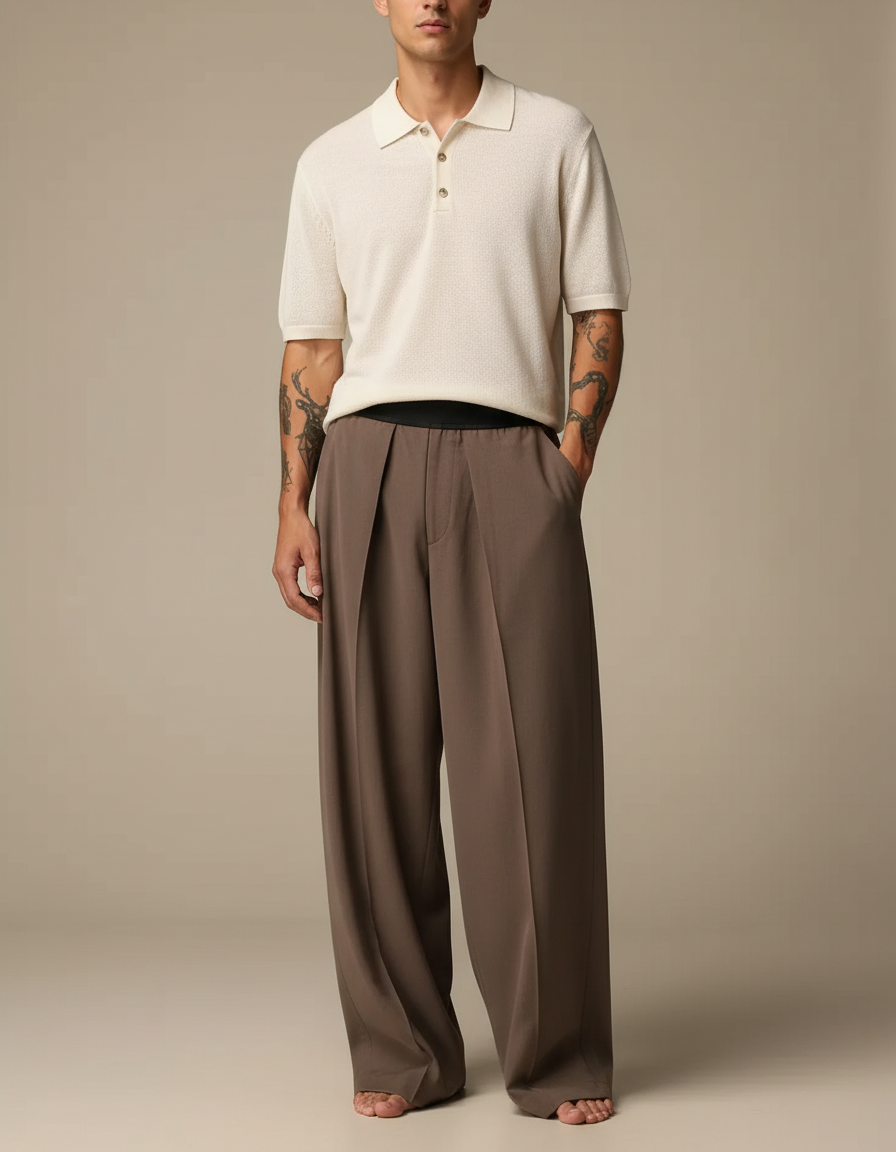 Pantalon À Pince Marron Ample Plissé Homme Élégant - Gabardine