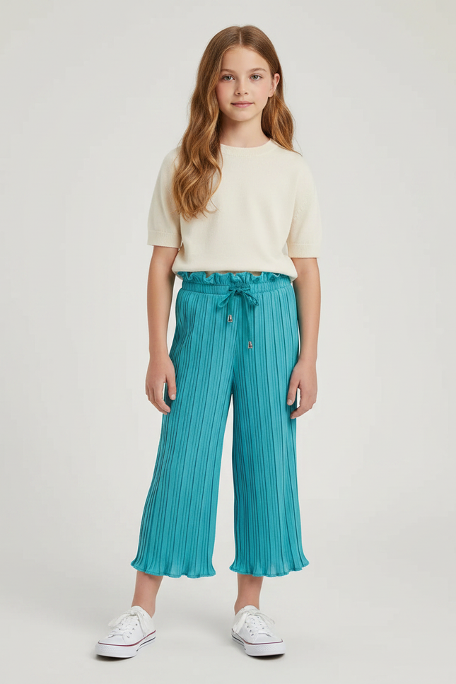 Pantalon À Pince Plissé Turquoise Fluide Décontracté Fille - Vert Polyester