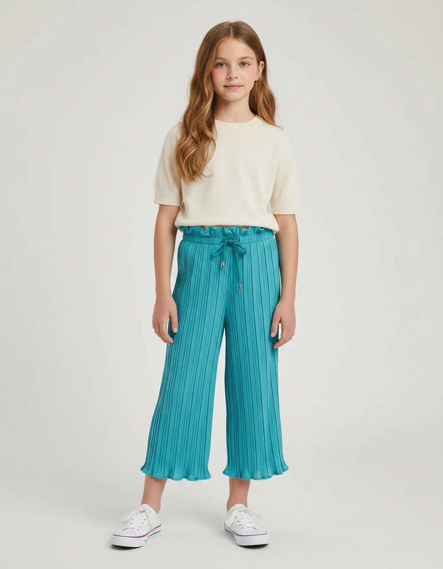 Pantalon À Pince Plissé Turquoise Fluide Décontracté Fille - Vert Polyester