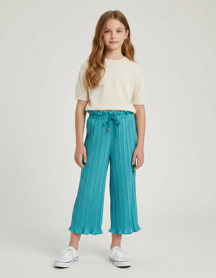 Pantalon À Pince Plissé Turquoise Fluide Décontracté Fille - Vert Polyester