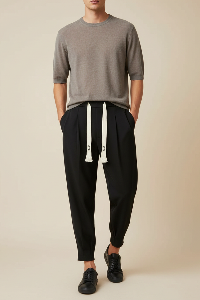 Pantalon À Pince Noir Plissé Décontracté Homme Cordon - Gabardine