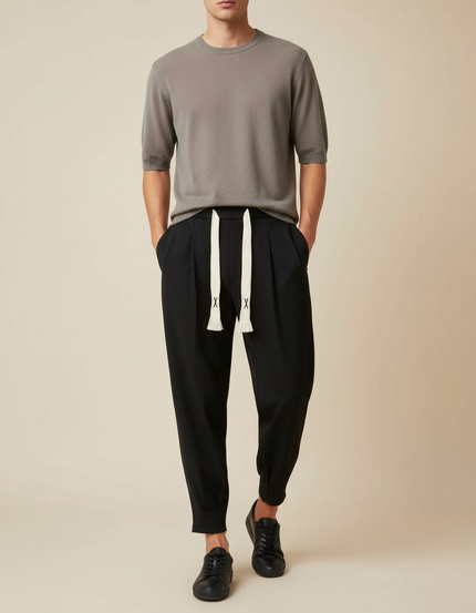 Pantalon À Pince Noir Plissé Décontracté Homme Cordon - Gabardine