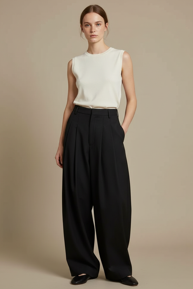 Pantalon À Pince Noir Ample Plissé Taille Haute Femme - Gabardine