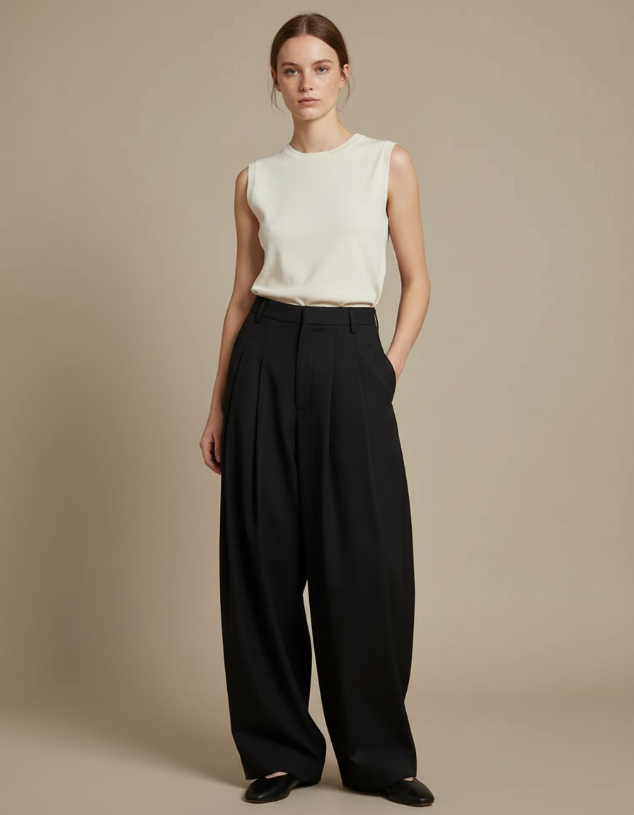 Pantalon À Pince Noir Ample Plissé Taille Haute Femme - Gabardine