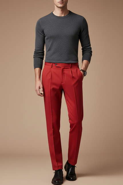 Pantalon À Pince Rouge Homme Slim Élégant Formel - Gabardine