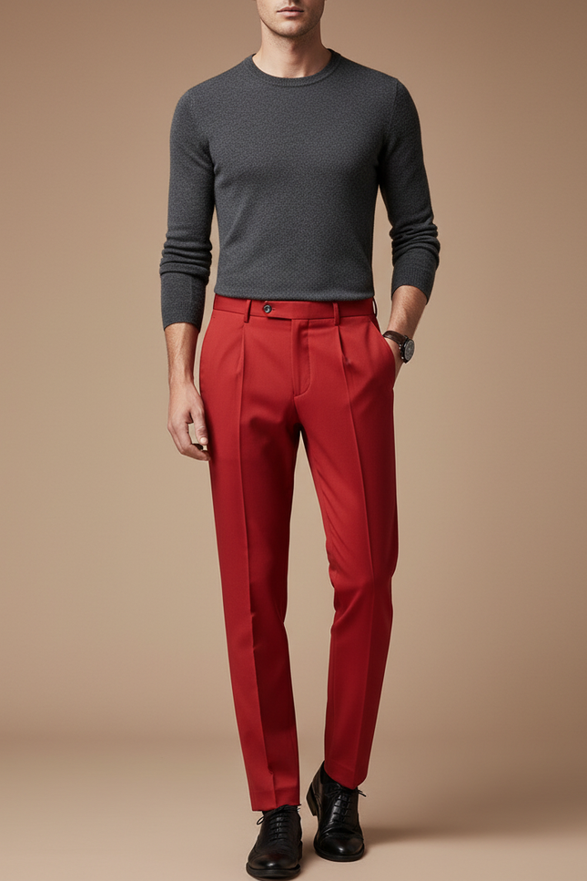 Pantalon À Pince Rouge Homme Slim Élégant Formel - Gabardine