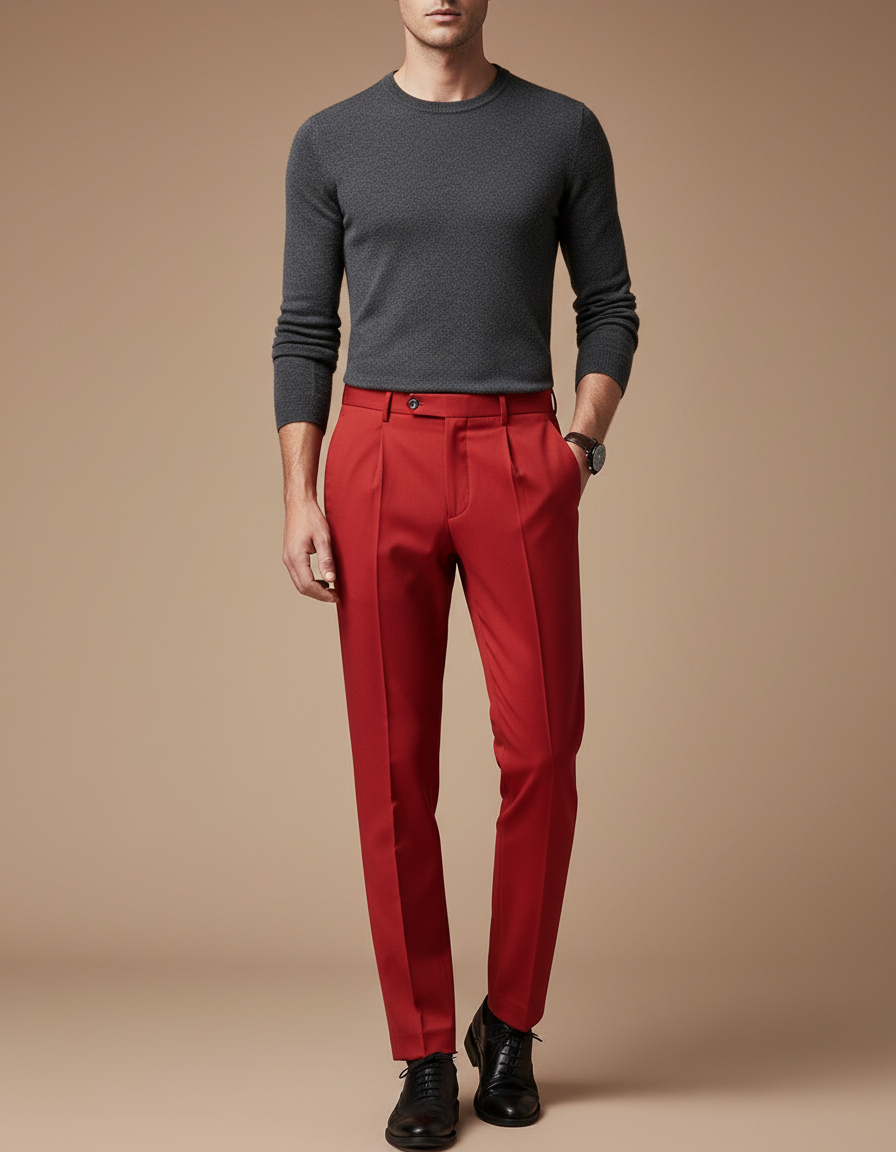Pantalon À Pince Rouge Homme Slim Élégant Formel - Gabardine