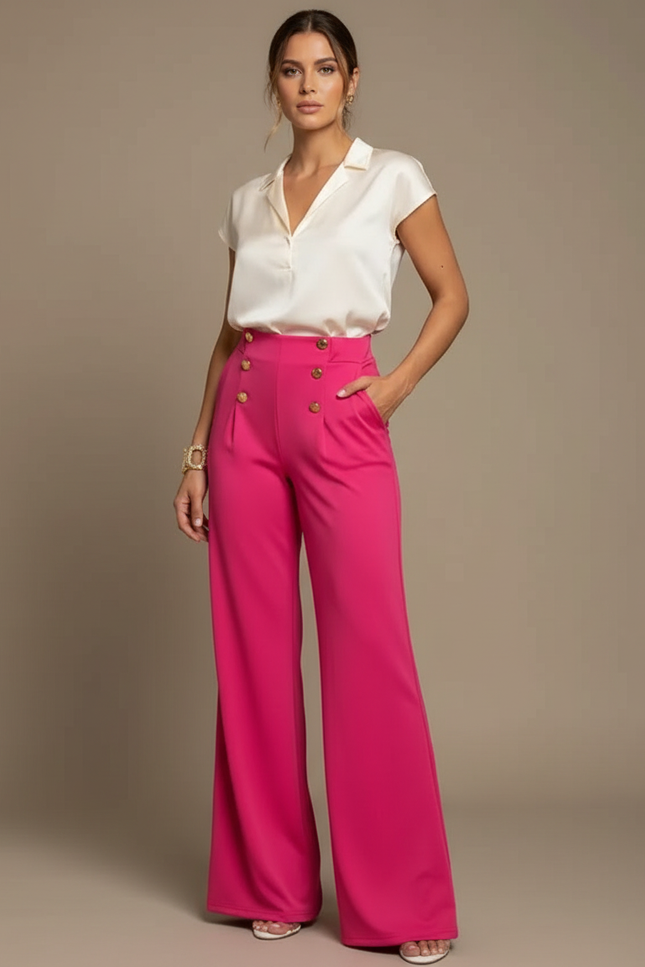 Pantalon À Pince Rose Fuchsia Taille Haute Fluide Chic - Polyester