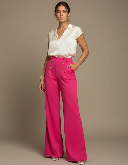 Pantalon À Pince Rose Fuchsia Taille Haute Fluide Chic - Polyester