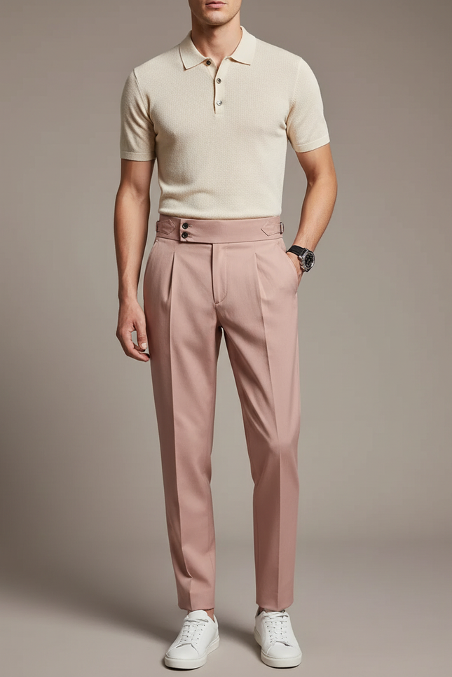 Pantalon À Pince Rose Poudré Plissé Élégant Homme - Gabardine