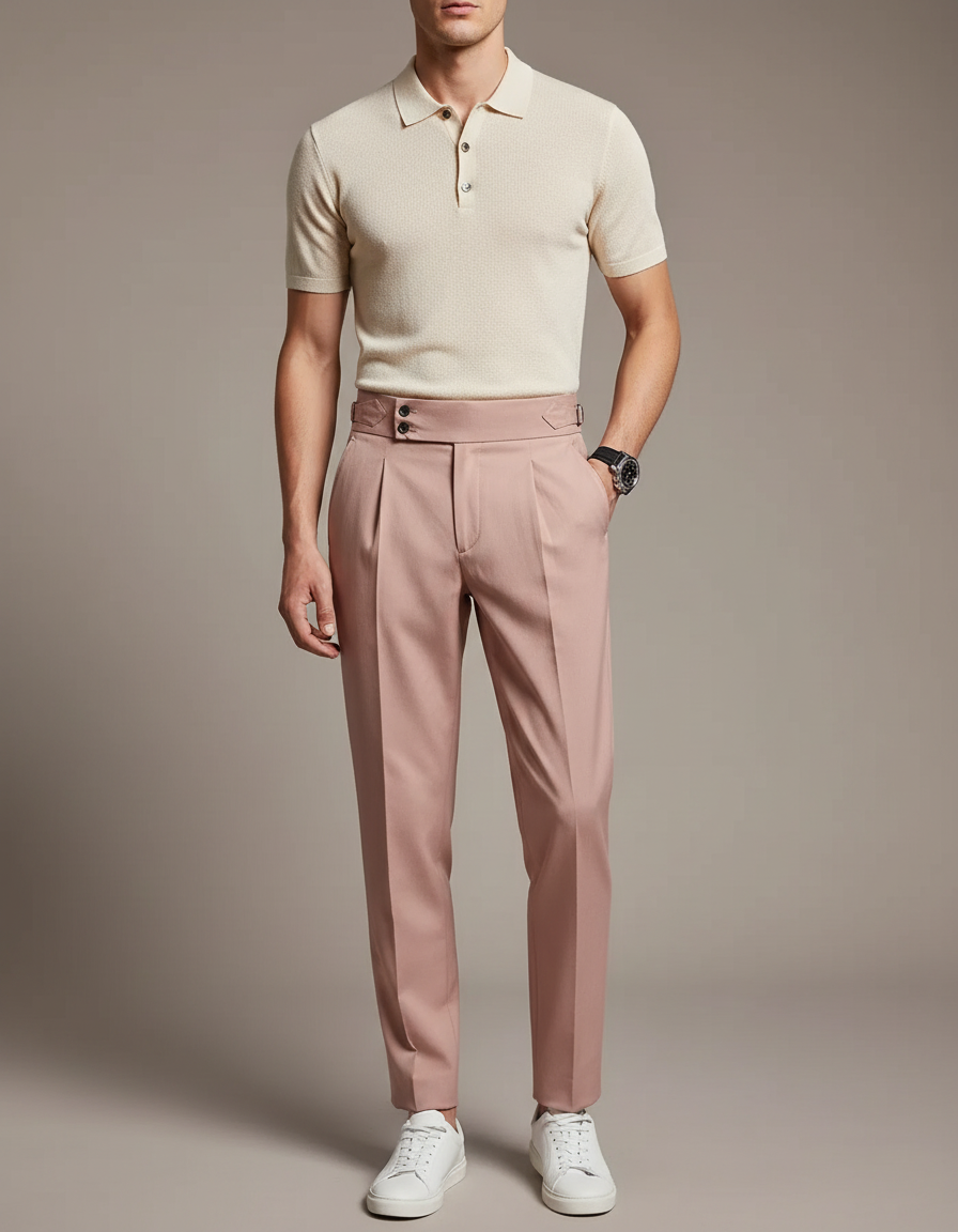 Pantalon À Pince Rose Poudré Plissé Élégant Homme - Gabardine