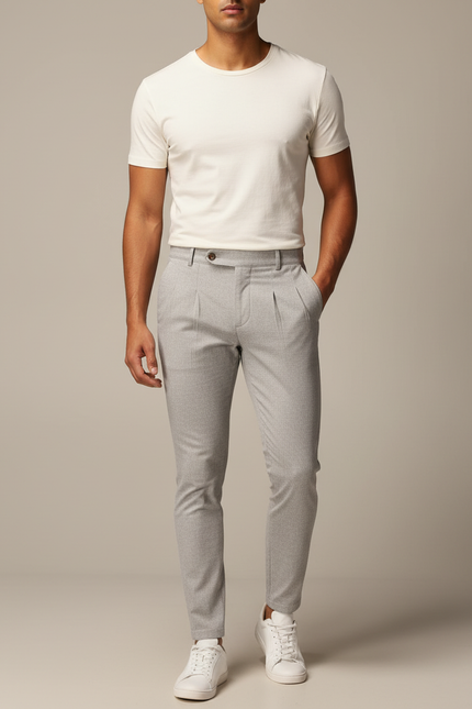 Pantalon À Pince Gris Clair Slim Plissé Homme Élégant - Gabardine