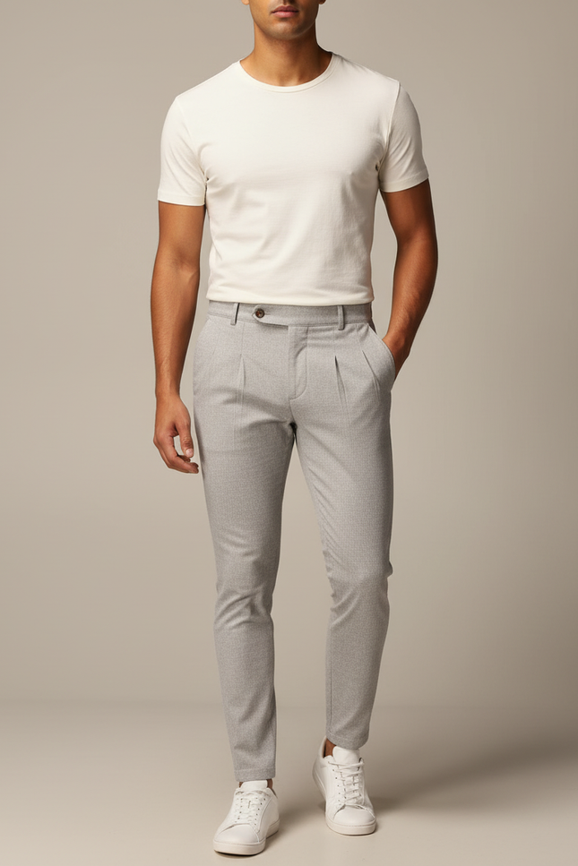 Pantalon À Pince Gris Clair Slim Plissé Homme Élégant - Gabardine