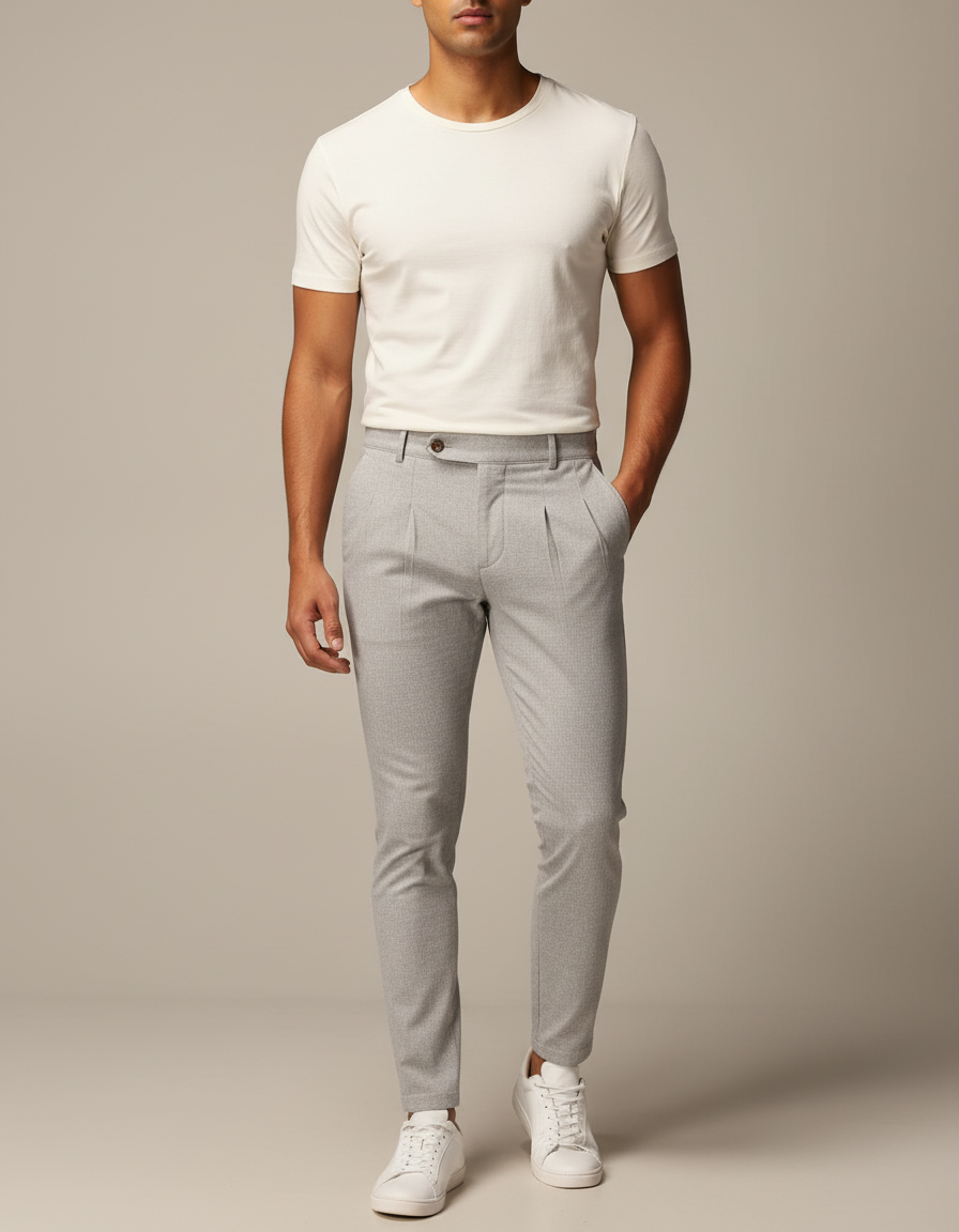 Pantalon À Pince Gris Clair Slim Plissé Homme Élégant - Gabardine