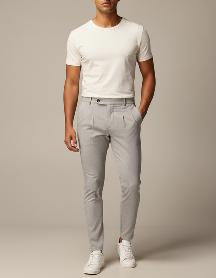 Pantalon À Pince Gris Clair Slim Plissé Homme Élégant - Gabardine