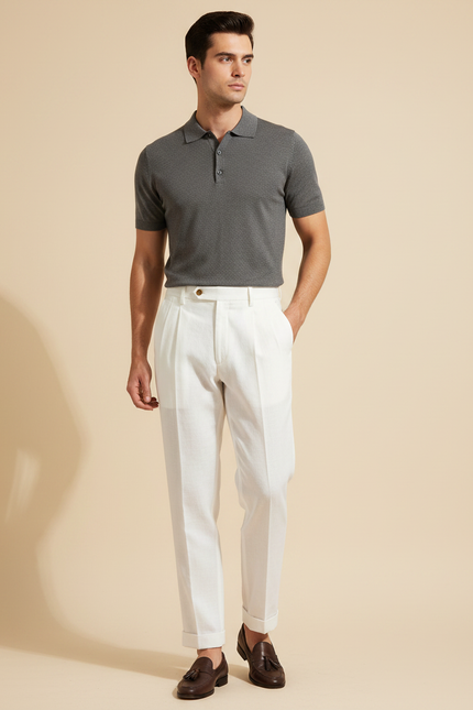 Pantalon À Pince Blanc Lin Plissé Droit Homme Élégant