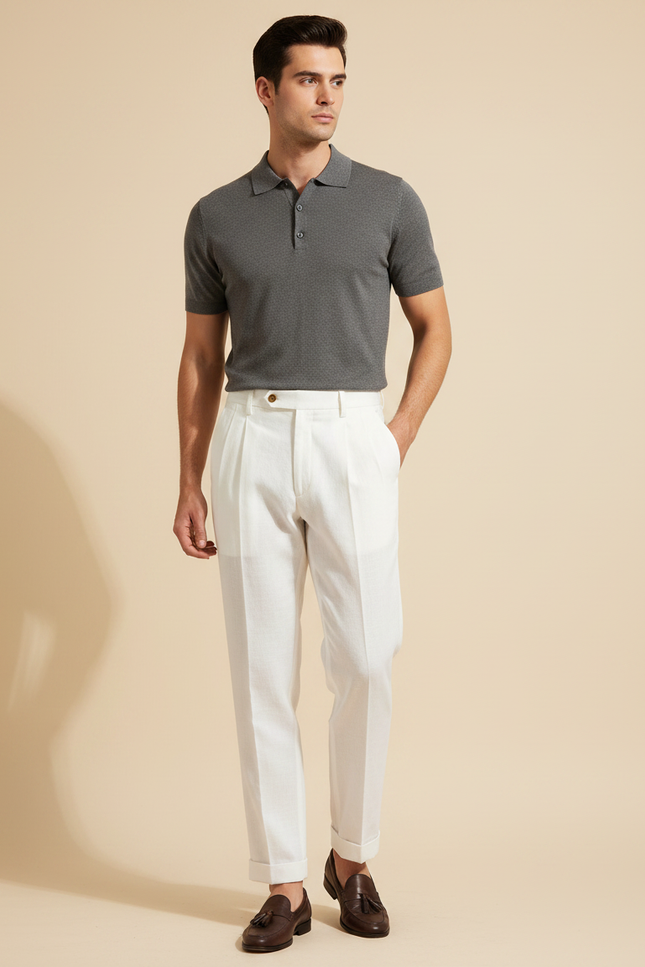 Pantalon À Pince Blanc Lin Plissé Droit Homme Élégant