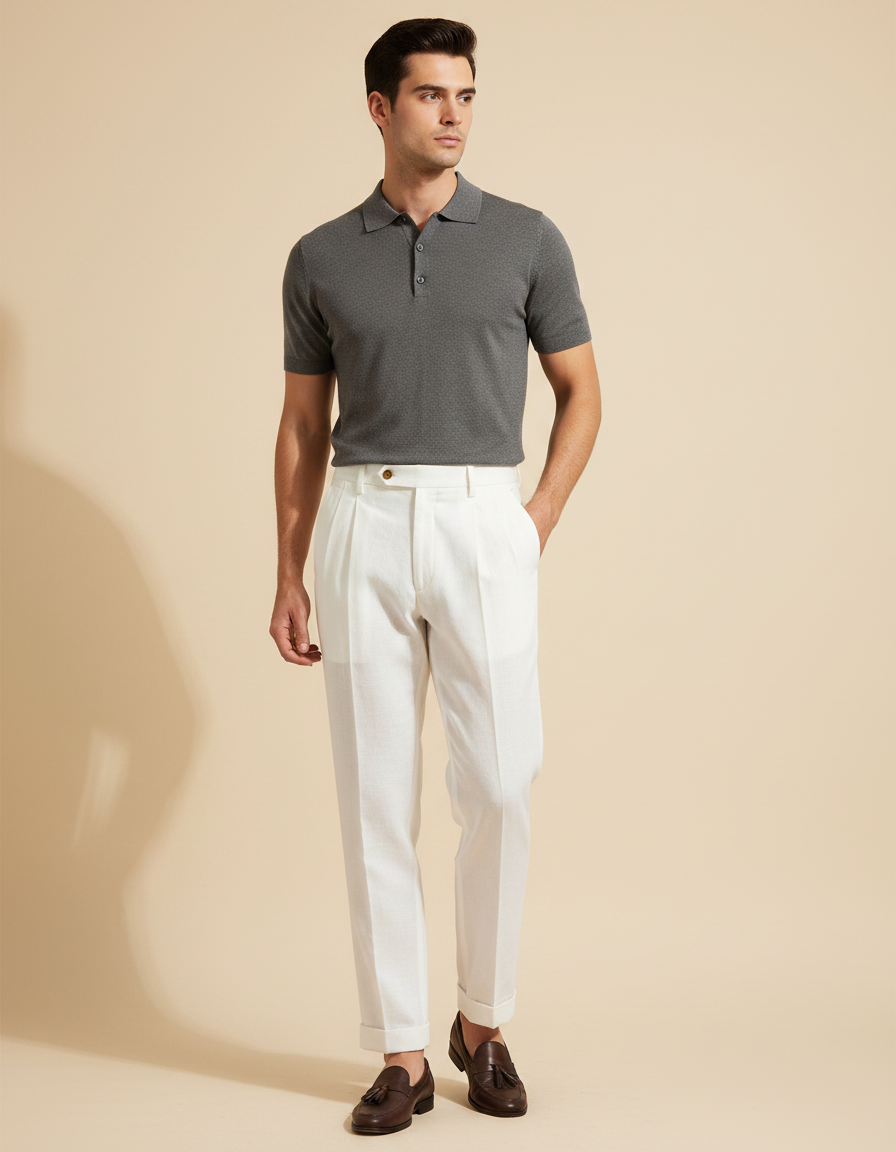 Pantalon À Pince Blanc Lin Plissé Droit Homme Élégant