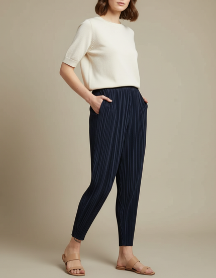 Pantalon À Pince Plissé Bleu Marine Fluide Confortable - Polyester