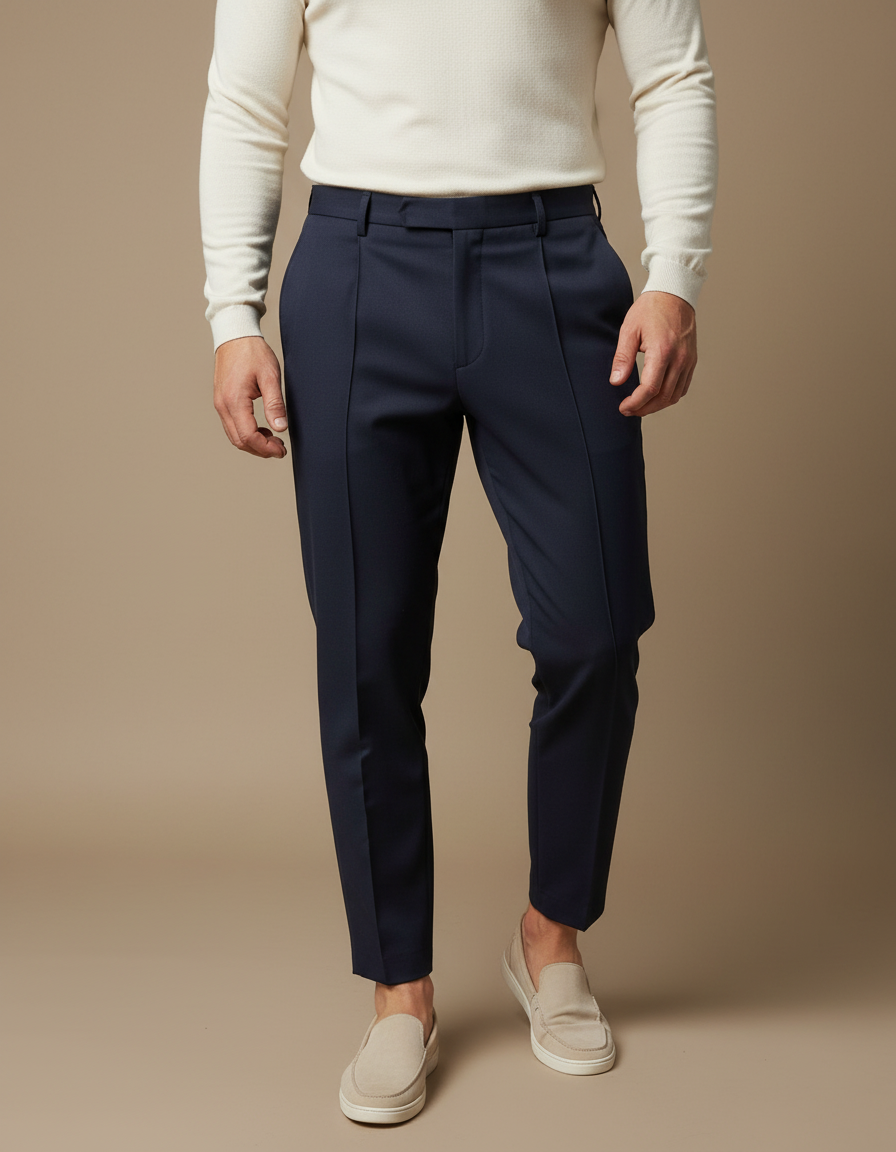 Pantalon À Pince Bleu Marine Élégant Droit Homme - Gabardine