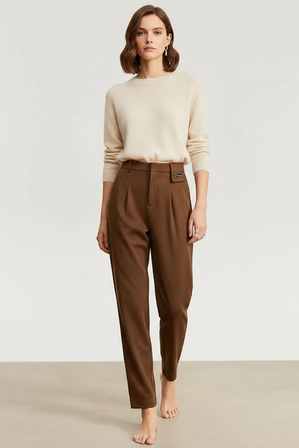 Pantalon À Pince Marron Laine Slim Tapered Élégant