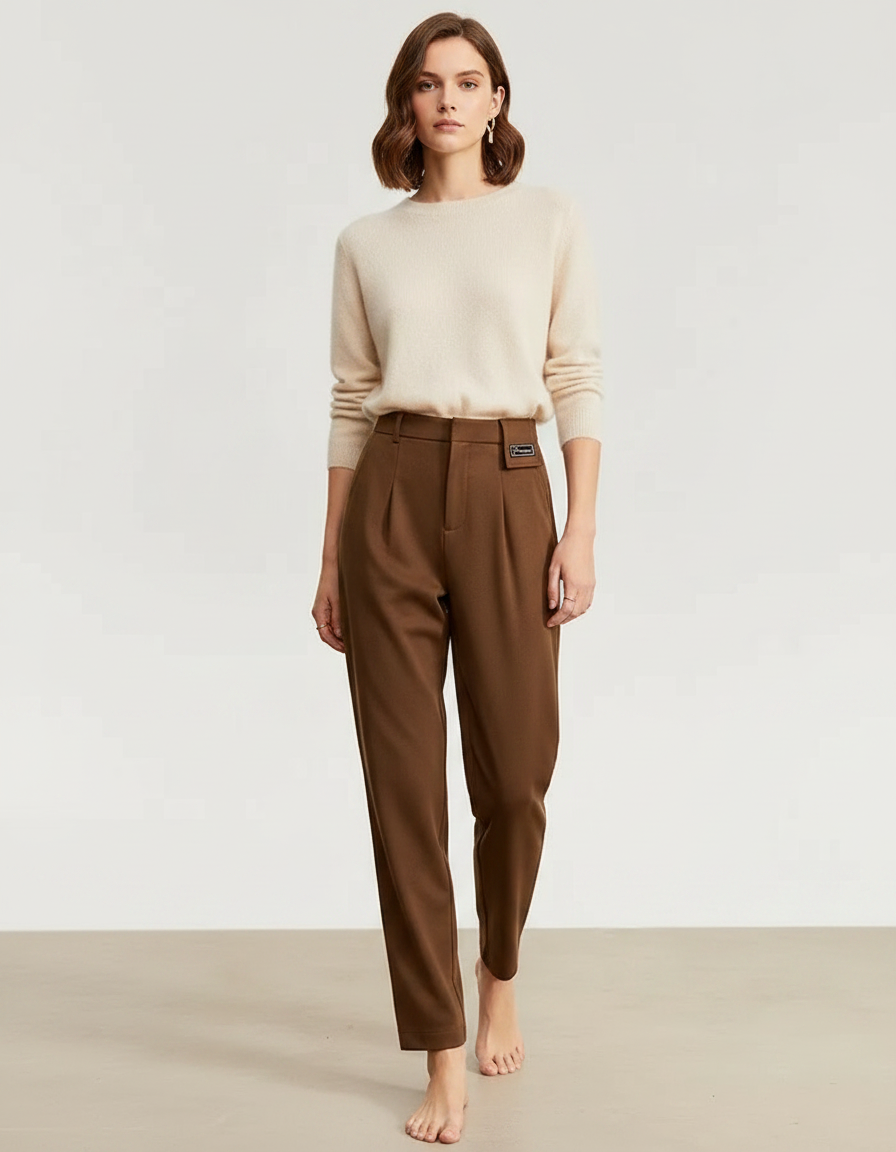 Pantalon À Pince Marron Laine Slim Tapered Élégant