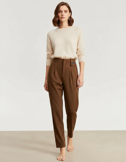 Pantalon À Pince Marron Laine Slim Tapered Élégant