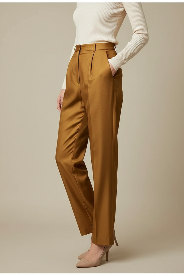 Pantalon À Pince Marron Satiné Plissé Taille Haute Fluide