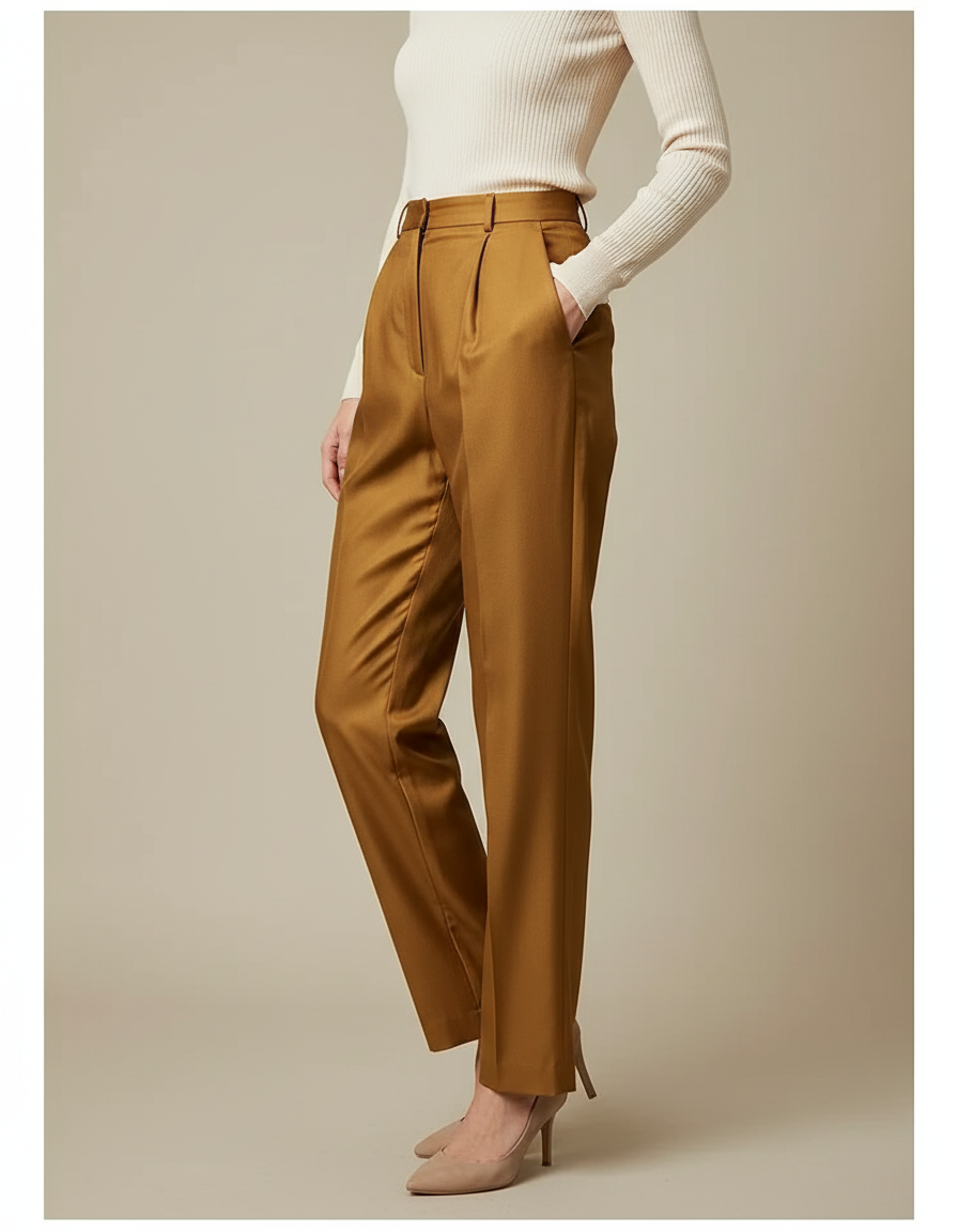 Pantalon À Pince Marron Satiné Plissé Taille Haute Fluide