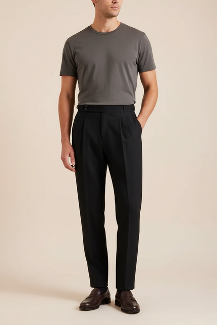 Pantalon À Pince Noir Plissé Laine Droit Homme Élégant