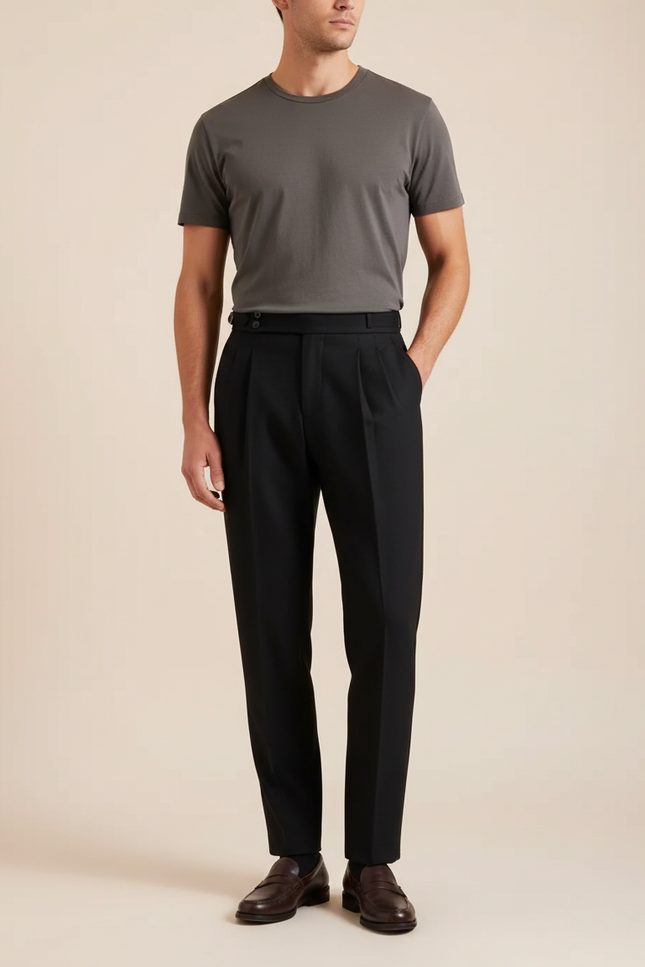 Pantalon À Pince Noir Plissé Laine Droit Homme Élégant
