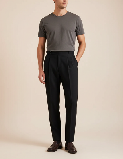 Pantalon À Pince Noir Plissé Laine Droit Homme Élégant